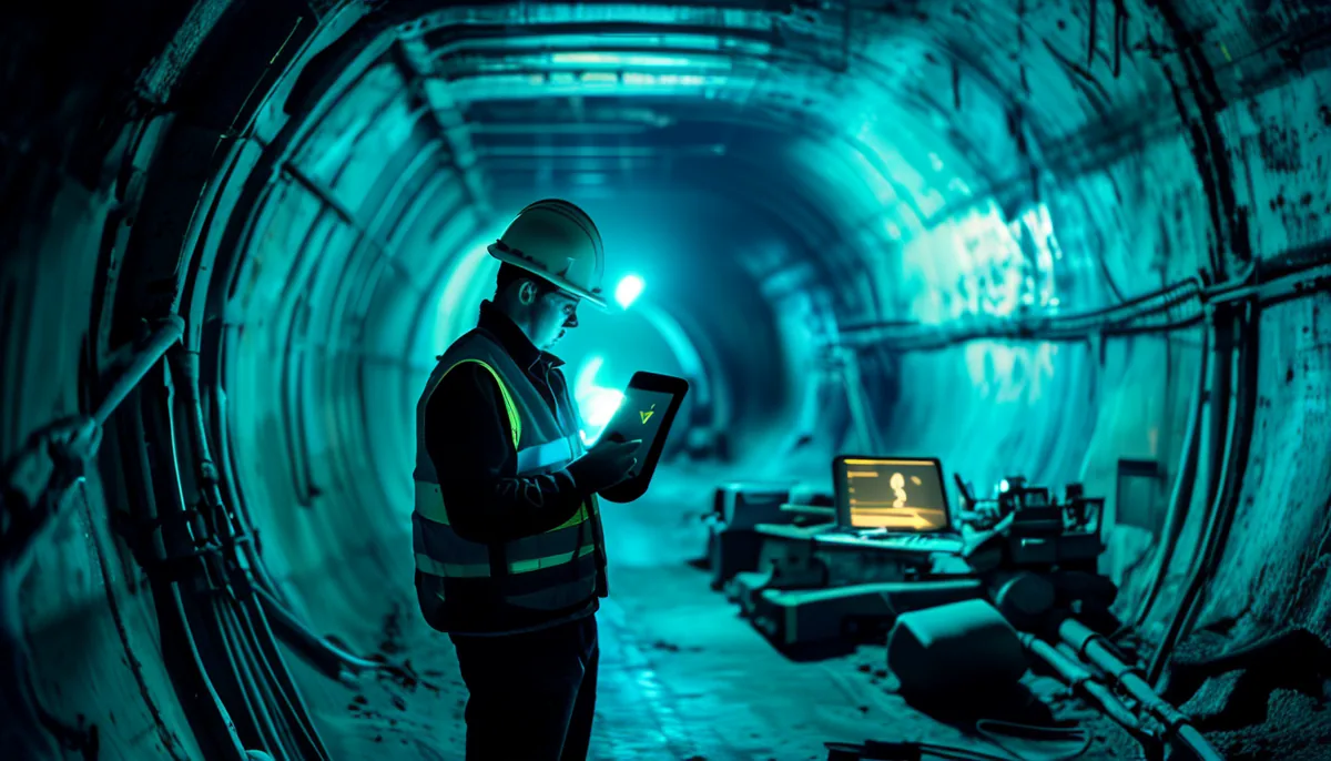 Un technicien casqué consulte sa tablette au fond d'un tunnel, la synchronisation attendra le réseau
