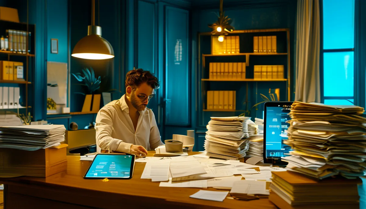 Une pile de factures d'un côté, les mêmes factures traitées sur tablette de l'autre