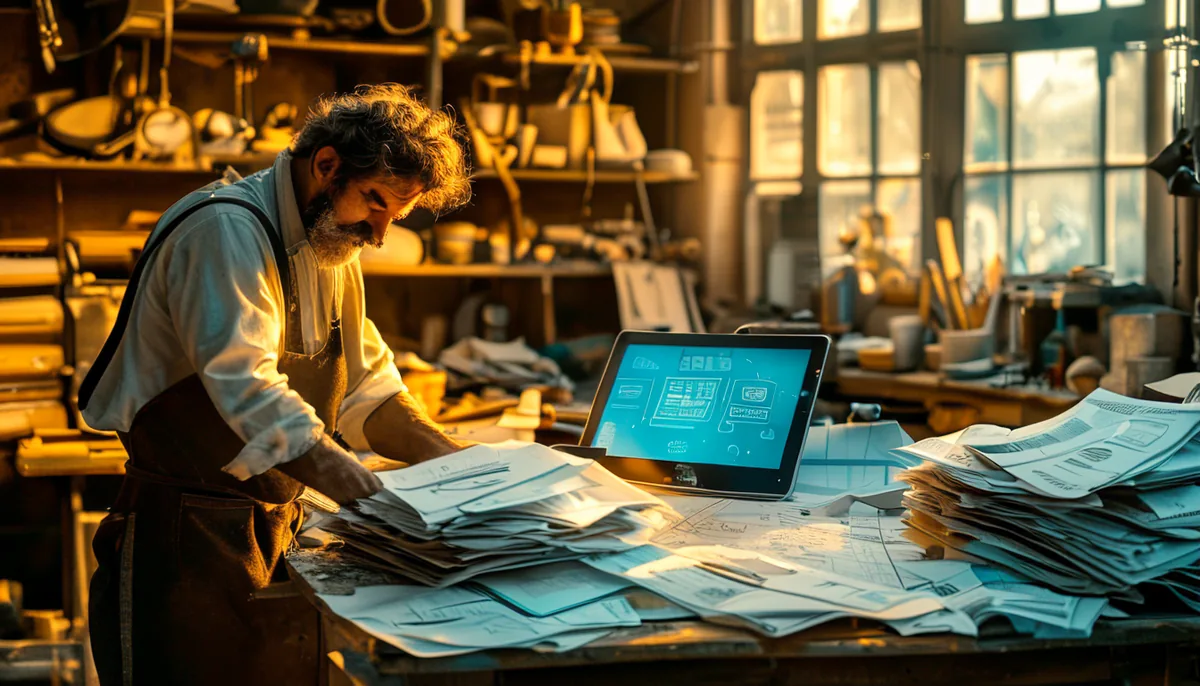 Dans l'atelier, les factures papier passent sur la tablette de l'artisan