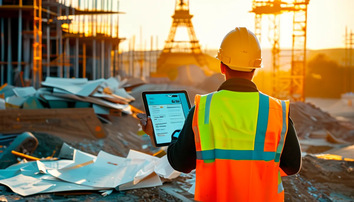 Un chef de chantier consulte fiches et photos géolocalisées sur sa tablette
