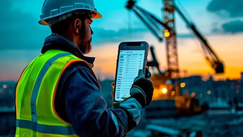 Une fiche d'intervention remplie sur mobile, gants de travail posés à côté