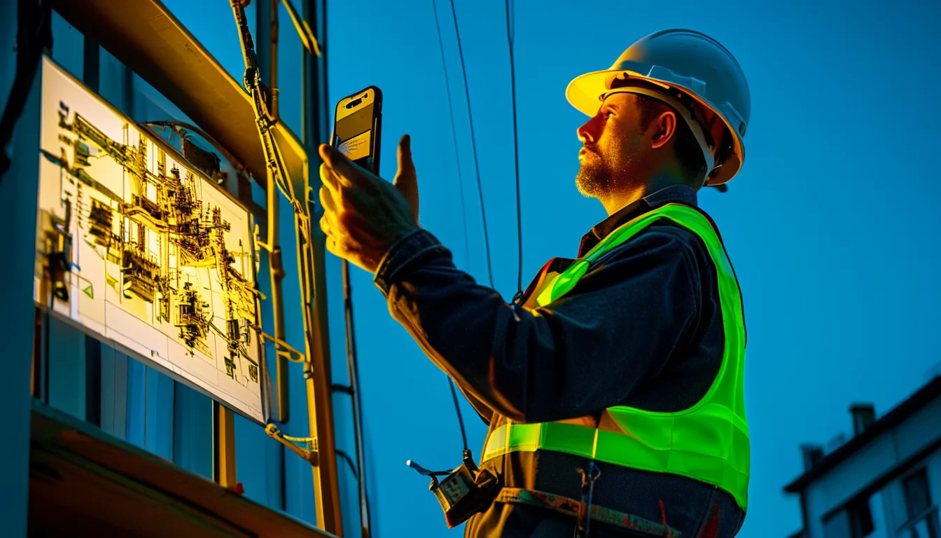 Un électricien sur un échafaudage photographie son tableau avec son téléphone, le plan du chantier s'affiche à côté